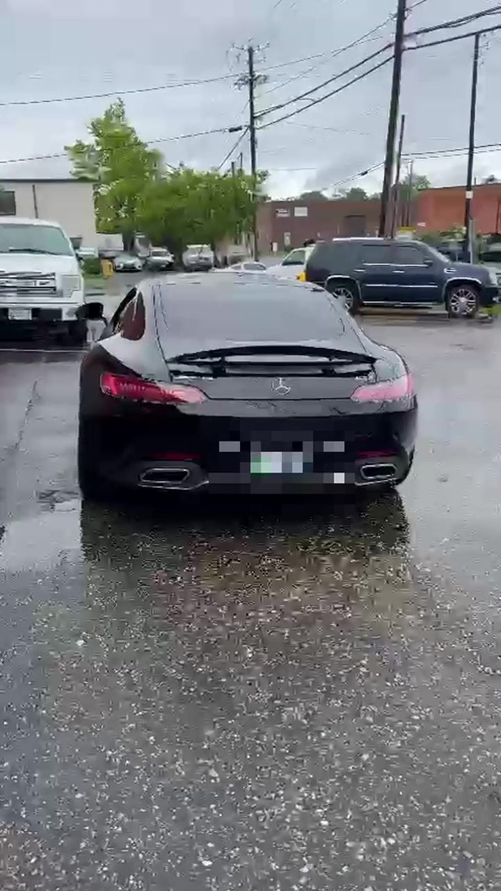 Mercedes-AMG GT S rear with quad tips, titanium straight mid-section, US license plate pixelated