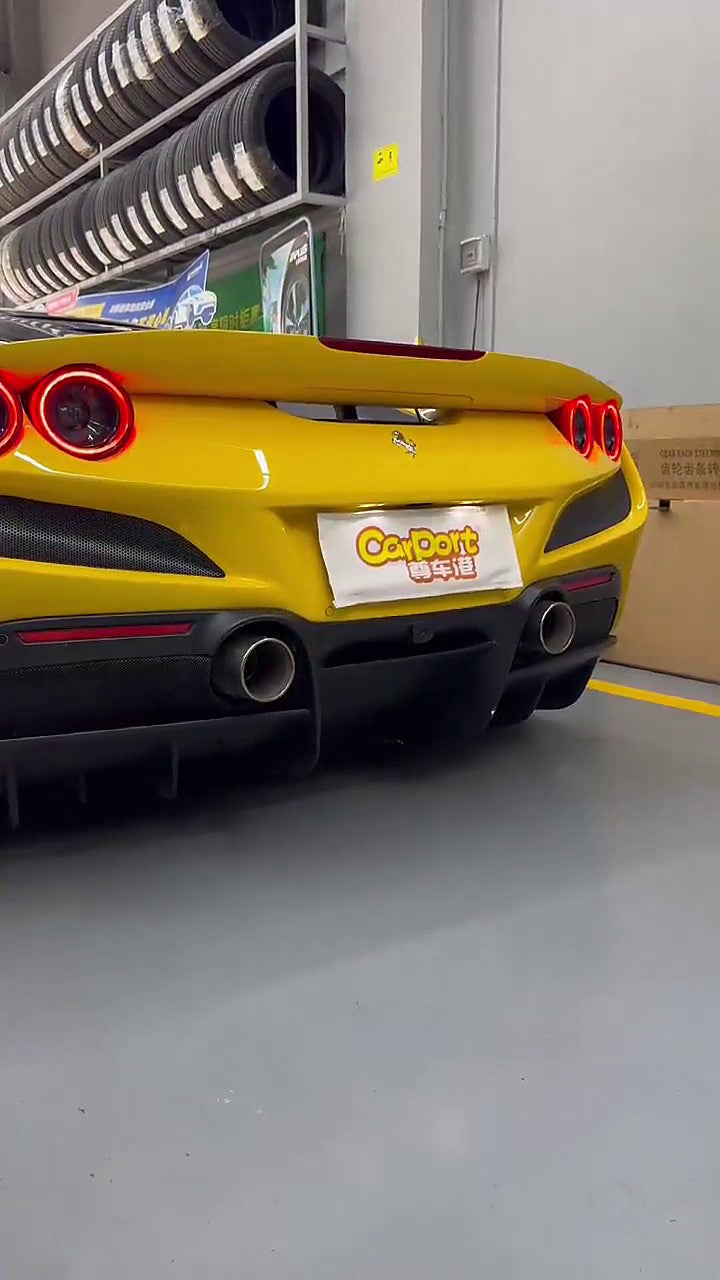 Ferrari F8 on our SUS304 valved catback, rear three-quarter, no readable plate in frame