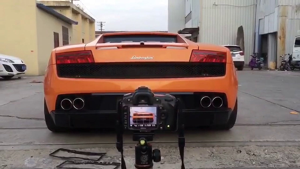 Lamborghini Gallardo LP550-570 rear three-quarter, titanium valved catback fitted, no readable number plate visible in frame